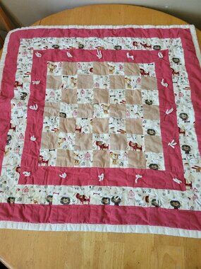 Handmade Baby Quilt Red & Brown Dog Puppy Animal Patchwork Crib Blanket Soft
